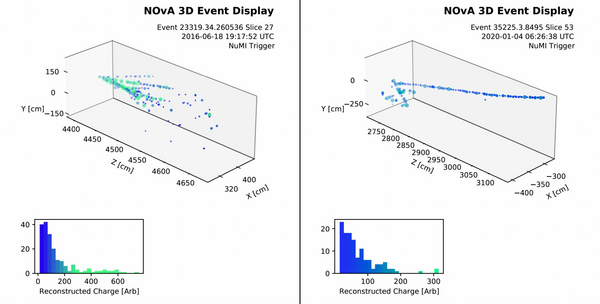 Two 3D NOvA event displays with their reconstructed-charge histograms below each